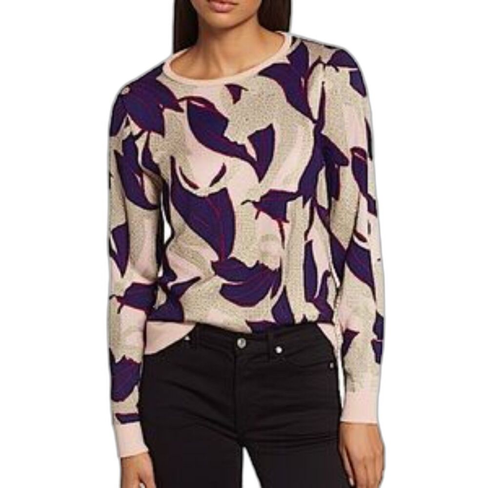 Ann Taylor Superfine Merino Wool Blend Metallic Gold Leaf Print Sweater Size XL